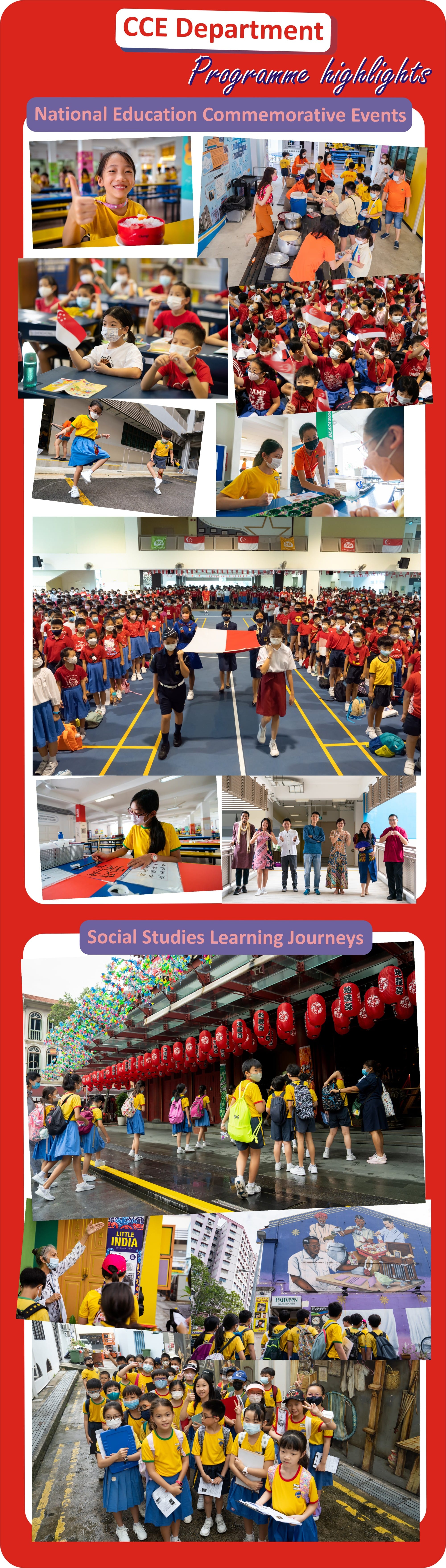 CCE Department programme highlights showing students at National Education events and Social Studies Learning Journeys in Singapore.